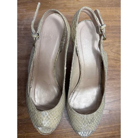 Stuart Weitzman 9.5 Nude Snakeskin Leather Peep Toe Cork Wedge Slingback Sandals - Picture 5 of 12